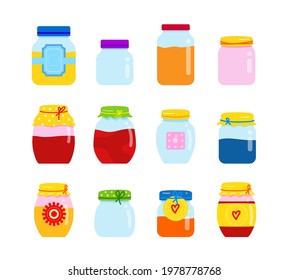 Big set of jars for homemade jam or juice. Jar with labels and empty ones, of various shapes and sizes. Fruit jam or confiture, Strawberry, peach and banana jam. raspberry, apple and cherry.