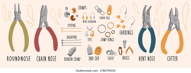 Big set jewelry tools and findings. Round Nose,chain nose,bent nose,cutter,crimps,eye pins,headpins,wire guardian,chain tags,earrings,clasp,tips,rings.Vector hand drawn illustration.