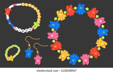 Big set of jewelry vector ornaments, bracelet, necklace, beautiful earrings and rings, women's jewelry set. Beaded jewelry, beads in the form of gummy bears.