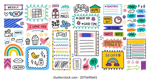 Big set. Journal border elements. Note icon, sticker for school. Vector illustration