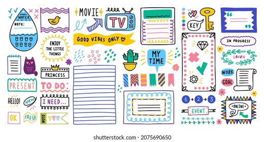 Big set. Journal border elements. Note icon, sticker for school. Vector illustration