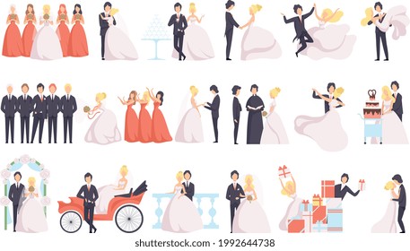 Big Set of Just Married Couples and their Guests, Happy Wedding Couples, Bridesmaids and Friends of Groom Cartoon Vector Illustration