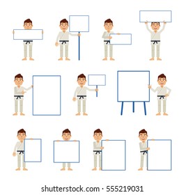 Big set of karate man characters posing with different blank banners. Cheerful martial artist holding paper, poster, placard, pointing to whiteboard. Simple vector illustration