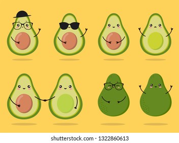 Big Set of kawaii cute avocados characters  in sunglasses, glasses, hat with and without seed.  It can be used for sticker, patch, phone case, poster, t-shirt, mug and other design.