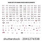 Big set of kawaii faces, elements, eyes, mouth, nose, muzzle, mustache, tongue, teeth, emotions. Vector illustration, color cartoon Japanese design isolated on white background, manga style, anime.