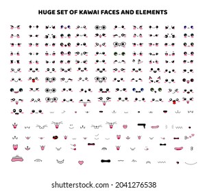 Big set of kawaii faces, elements, eyes, mouth, nose, muzzle, mustache, tongue, teeth, emotions. Vector illustration, color cartoon Japanese design isolated on white background, manga style, anime.