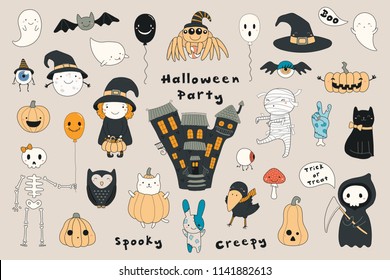 Big set kawaii funny Halloween elements  characters  and text  haunted house  pumpkins  ghosts  cat  mummy   Isolated objects  Hand drawn vector illustration  Line drawing  Design concept print