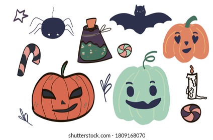 Big set of kawaii funny Halloween elements, characters, with text, haunted house, pumpkins, ghosts, cat, mummy . Isolated objects. Hand drawn vector illustration. Line drawing. Design concept printing