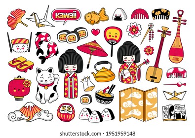 Big set of kawaii japanese cartoon stickers. Kokeshi doll, maneki-neko, sushi, geisha, fuji, origami, manga. Vector illustrations.	