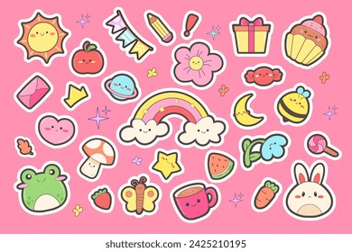 Big set of kawaii stickers with clipping backing. Cute sticker of frog, hare, weather, dessert. Vector design elements in childish style