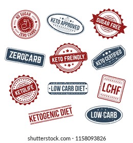 Big set of keto stamps and labels isolated on white background with grunge effect. LCHF, Low carb, Zerocarb, Keto approved, no sugar zero carbs, sugar free, low carb diet, ketogenic diet stamps.