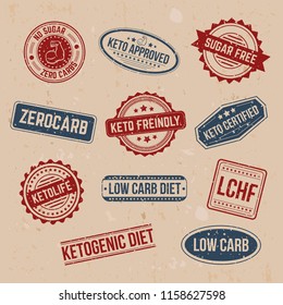 
Big Set Of Keto Stamps And Labels Isolated On Craft Background With Grunge Effect. LCHF, Low Carb, Zerocarb, Keto Approved, No Sugar Zero Carbs, Sugar Free, Low Carb Diet, Ketogenic Diet Stamps.