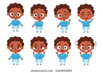 Grandes emociones infantiles. Un chico de etnia negra con diferentes expresiones y sentimientos faciales - felicidad, llanto, rabia, sonrisa, deleite, asombro. Estilo de dibujo gráfico de la ilustración del vector para el diseño