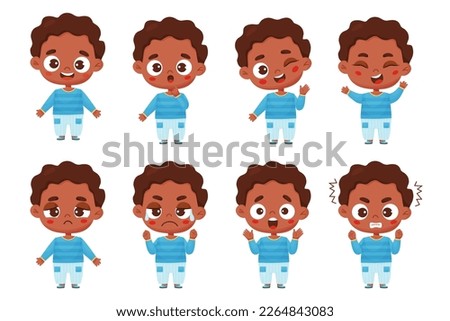 Big set kids emotions. Cute black ethnicity boy with different facial expressions and feelings - happiness, crying, anger, smile, delight, wonder. Vector isolate illustration cartoon style for design