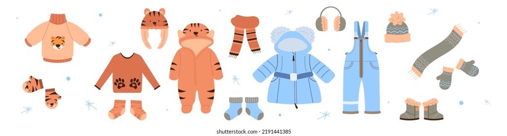 Big Set of Kids warm autumn and winter Clothes, Accessories. Children Clothes and Accessory for cold weather. Flat vector illustration.