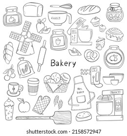 Big set of kitchen doodle elements. Hand drawn isolated outline icons in cartoon style. For bakery, restaurant, cafe, coffee shop