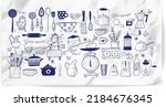 Big set of kitchen doodle  sketch utensils hand-drawn with ink on paper. Cups, teapots, pots. bottles. chopping boards ets. Inscription "Bon appetit" in different languages.