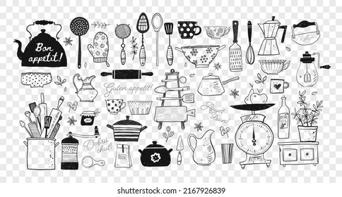 Big set of kitchen doodle  sketch utensils hand-drawn with ink. Cups, teapots, pots. bottles. chopping boards ets. Inscription "Bon appetit" in different languages.