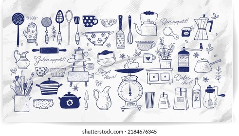 Big set of kitchen doodle  sketch utensils hand-drawn with ink on paper. Cups, teapots, pots. bottles. chopping boards ets. Inscription "Bon appetit" in different languages.