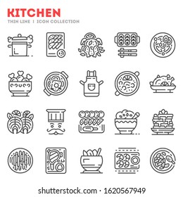 Big set of kitchen equipment, chef supplies thin line icons isolated on white. Cuisine outline pictograms collection, logos. Food, eating, dishes, cookware vector elements for infographic, web.