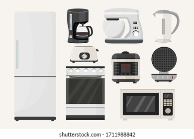 Big set from kitchen equipment. Refrigerator, stove, microwave, slow cooker, toaster, waffle iron, mixer, coffee machine isolated on white background stock vector illustration in grey colours..