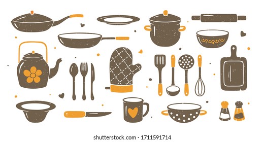 Big set of kitchen household utensil. Knife, plates, mugs, saucepan and other icons of cooking objects. Vector collection of crockery in hand drawn shabby texture style