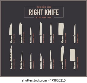 Big set of kitchen knives with names. Vector illustration.