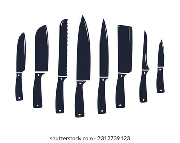 BIg set of kitchen knives types. Knife for meat, fish, butter and other different vector icons.