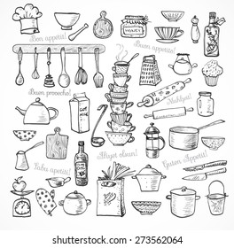 Big set of kitchen sketch utensils hand-drawn with ink on white background.  Cups, teapots, pots. bottles. chopping boards ets.  Contains inscription "Bon appetit" in different languages.