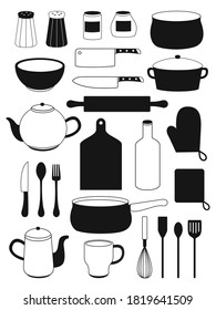 Big set of kitchen tools, kitchenware. Hand drawn flat vector illustration.