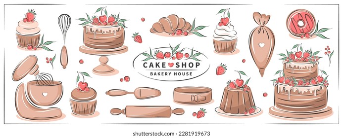Big set kitchen tools, sweet products, different desserts for pastry and bread shop, cookings. Whisk, cutlery, spatulas, mixer, cake, croissant, donut and berry. Vector illustration