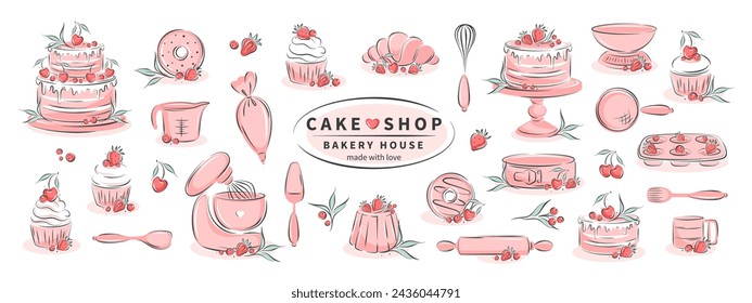 Big set kitchen tools, sweet products, different desserts for pastry and bread shop, cookings. Whisk, cutlery, spatulas, mixer, cake, croissant, donut and berry. Vector illustration