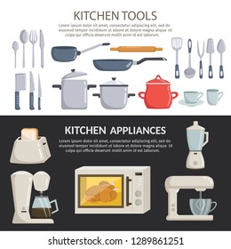 Big set of kitchen tools vector elements cartoon horizontal banners