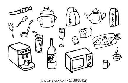 big set of kitchen tools, vector sketch in simple black lines kitchen utensils, food handwritten vector, isolated on a white background. for web, print on paper, menus, textiles, icons