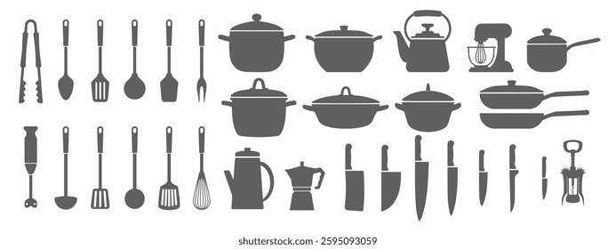 Big set of kitchen utensils and cookware, silhouette. Pots pans ladle kettle coffee maker mixer blender. Icons, illustration.