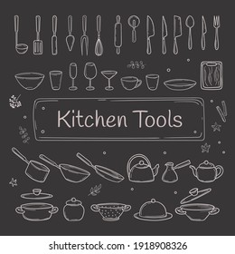 Big Set Of  Kitchen Utensils In Hand Drawn Sketch On The Blackboard. Cooking Tools In Doodle Style. Vector Illustration