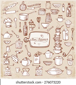 Big set of kitchen utensils hand-drawn with ink. Vector illustration. 