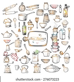 Big set of kitchen utensils hand-drawn with ink. Vector illustration.