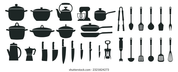 Big set of kitchen utensils, silhouette. Pots, pans, ladle, kettle, coffee maker, mixer, blender, knives. Icons, vector