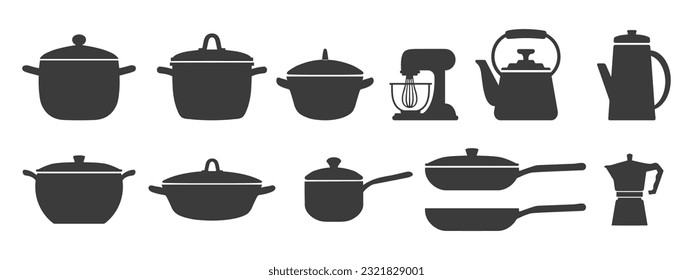 Gran conjunto de utensilios de cocina, silueta. Potes, sartenes, cuchara, hervidor de agua, cafetera, mezcladora, batidora. Iconos, vector