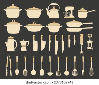 Big set of kitchen utensils, silhouette. Pots, frying pans, ladle, kettle, coffee maker, mixer, blender, knives. Icons, vector