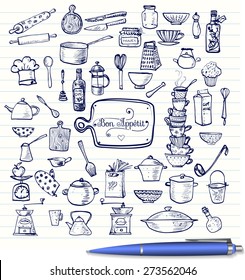 Big set of kitchen utensils sketches hand-drawn with ink.  Cups, teapots, pots. bottles. chopping boards et?.  Vector pen sketch illustration. 