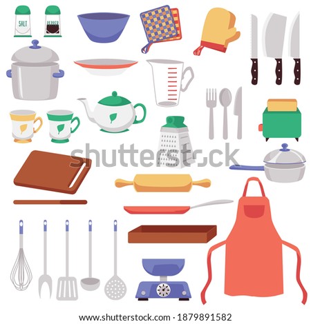 Big set of kitchen utensils and supplies, cartoon vector illustration isolated on white background. Household kitchen equipment and kitchenware for food cooking.
