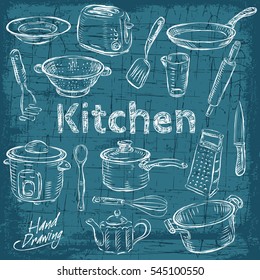 Big set of kitchen vintage sketch utensils hand-drawn with ink. Cups, teapots, pots. Vector illustration.