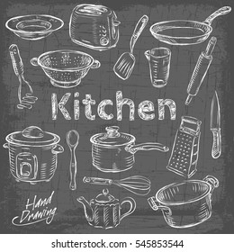 Big set of kitchen vintage sketch utensils hand-drawn with ink. Cups, teapots, pots. Vector illustration.