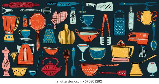 Big set of kitchenware and utensils in hand drawn quirky trendy style with organic texture. Isolated on background. Elements and symbols for design. Vector illustration.