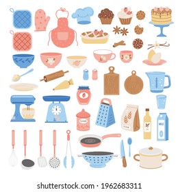 Big set of kitchenware and utensils tools ingredients and baked goods cartoon illustrations. Cooking and baking collection in vector.