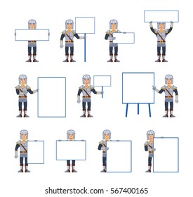 Big set of knight characters posing with different blank banners. Cheerful knight holding paper, poster, placard, pointing to whiteboard. Teach, advertise, promote. Simple vector illustration