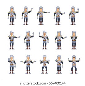 Big set of knight characters showing different hand gestures. Cheerful knight showing thumb up, pointing, greeting, victory sign, stop, okay and other hand gestures. Simple vector illustration