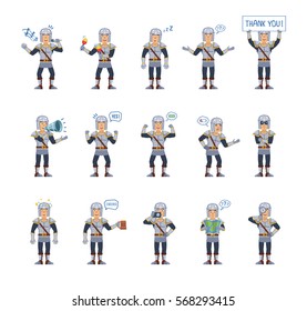 Big set of knight characters showing different actions, gestures, emotions. Cheerful knight singing, sleeping, holding banner, loudspeaker, map and doing other actions. Simple vector illustration